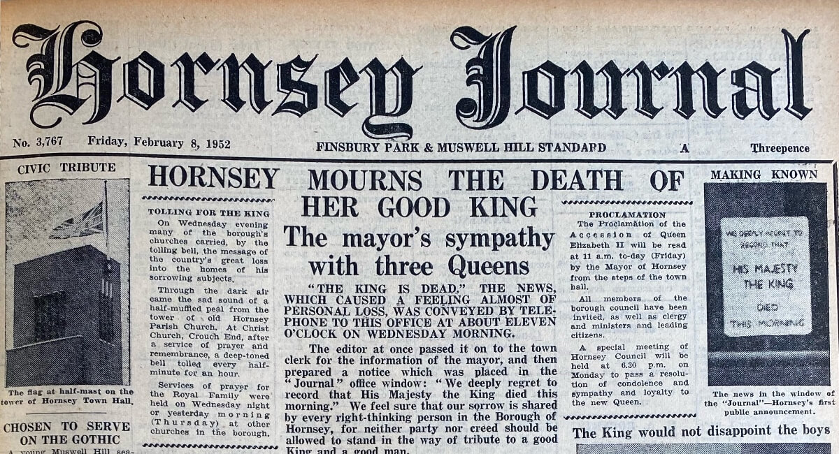 Hornsey Journal front page 8.2.52 mourning death of king