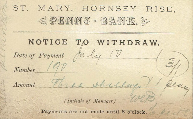 St Mary's Penny Bank Withdrawal Card, 1889